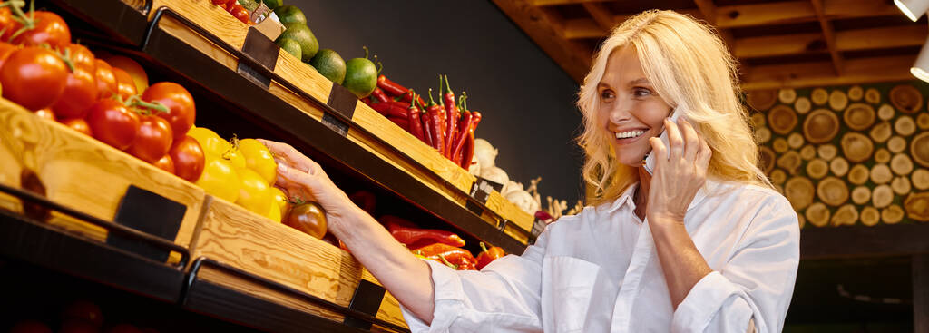 ώριμη γυναίκα μαζεύοντας λαχανικά στο μπακάλικο και μιλώντας χαρούμενα από το κινητό τηλέφωνο, πανό - Φωτογραφία, εικόνα
