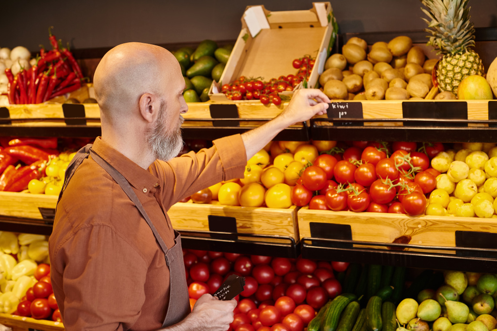 бородатый зрелый продавец ставит ценники на яркие фрукты и овощи в продуктовом магазине - Фото, изображение