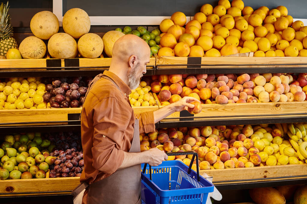 седой бородатый симпатичный продавец смотрит на свежий персик в руке и держит корзину для покупок - Фото, изображение