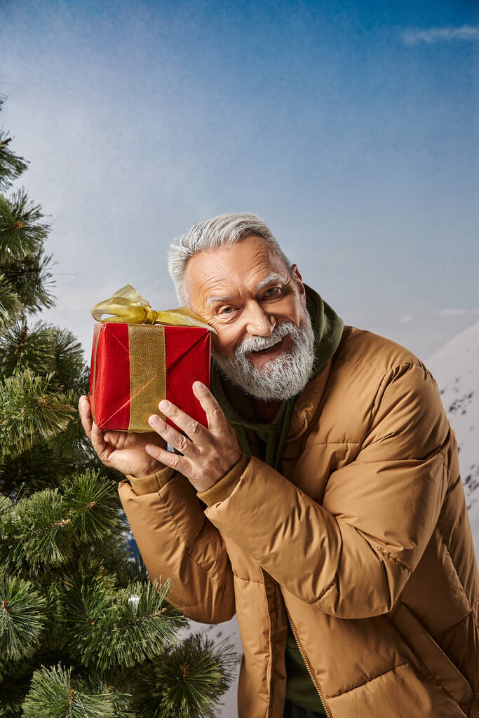 homme heureux habillé en Père Noël en veste chaude tenant présent près de l'oreille avec fond de montagnes, hiver - Photo, image