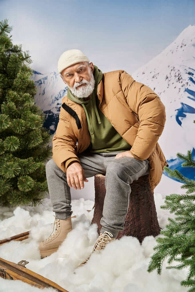 serieuze man met witte baard in jas zittend op boomstronk kijkend naar camera, winterconcept - Foto, afbeelding