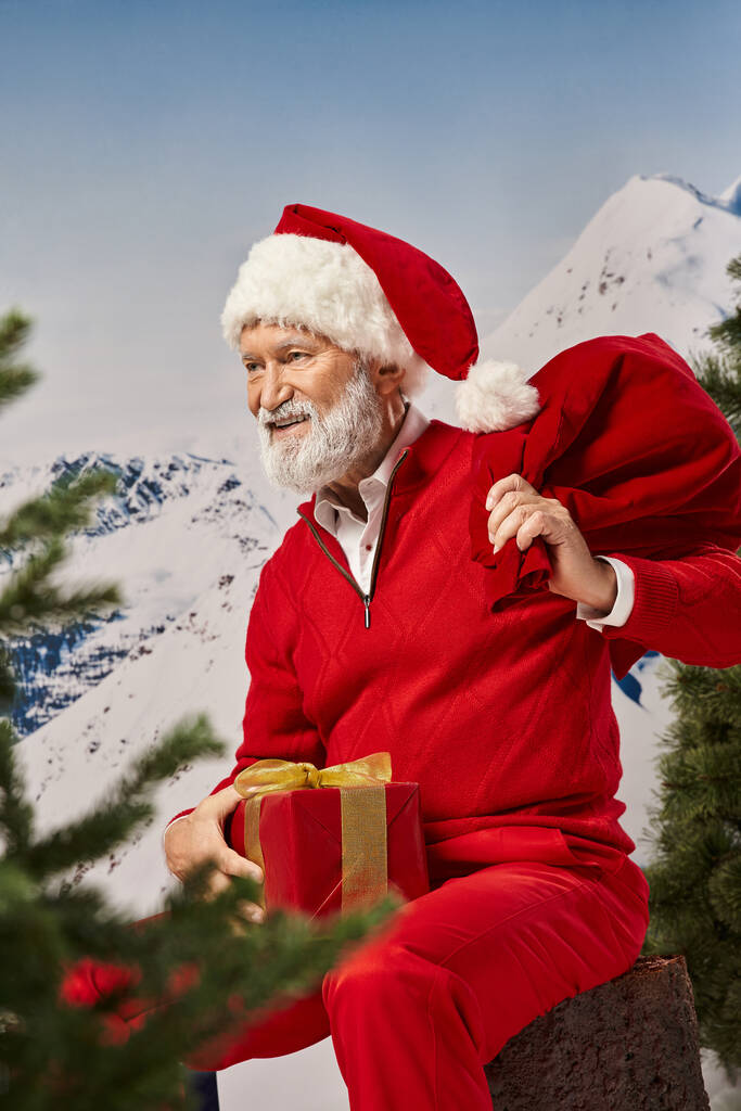 cheerful Santa sitting on tree stump with present bag and gift looking away, winter concept - Photo, Image