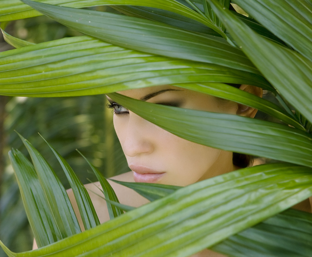 Sexy belle femme cachée derrière les feuilles de palmier. Belle st
 - Photo, image