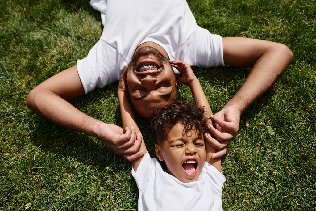 top pohled na veselý africký americký otec a syn ležící na zeleném trávníku na dvorku, rodinná zábava - Fotografie, Obrázek