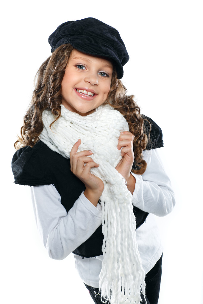 szép kislány az őszi ruhákat, elszigetelt fehér háttere - Fotó, kép