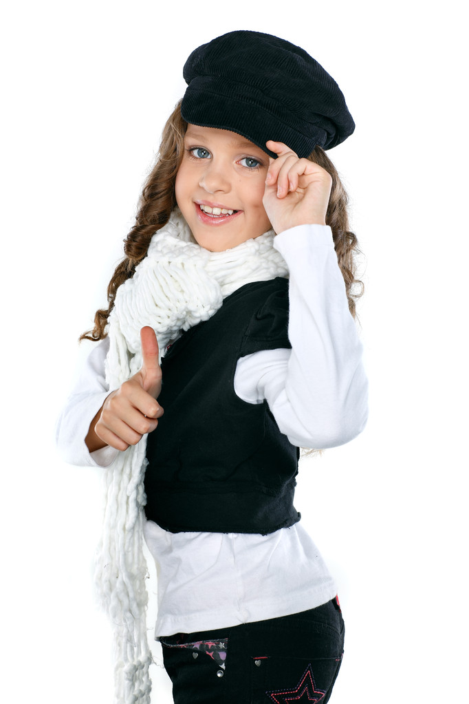 Uma menina bonita está em roupas de outono, isolado em um backgroun branco
 - Foto, Imagem