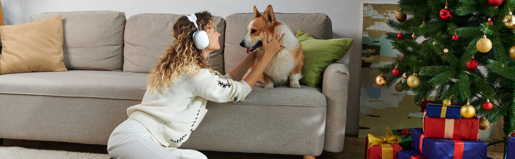 kręcone kobieta w słuchawki bezprzewodowe zabawy z cute corgi pies w pobliżu ozdobione choinki, baner - Zdjęcie, obraz