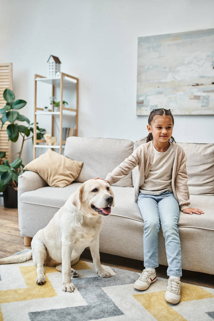 mignonne fille souriant et assis sur le canapé tout en caressant labrador dans le salon moderne, enfant et chien - Photo, image