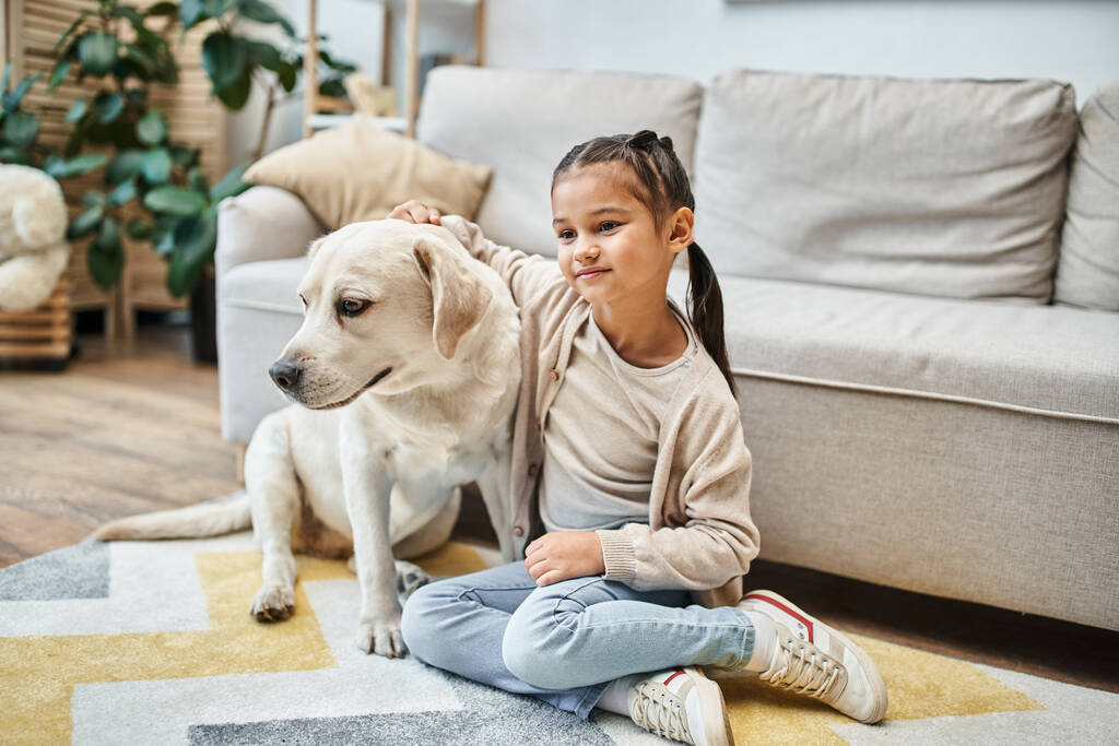 menina bonito sorrindo e sentado perto do sofá enquanto acariciando labrador na sala de estar moderna, criança e cão - Foto, Imagem