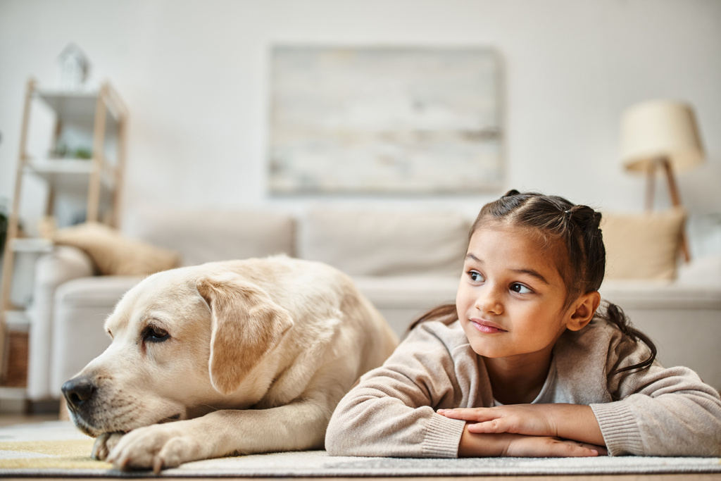 elementarny wiek dziewczyna w casual nosić leżące na dywanie z labrador w nowoczesnym salonie, dziecko i zwierzę domowe - Zdjęcie, obraz