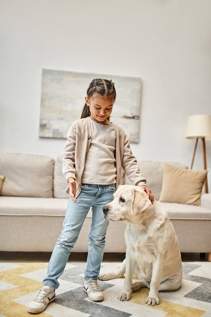roztomilý dívka v příležitostném oblečení školení labrador v moderním obývacím pokoji, pozitivní zpevnění koncepce - Fotografie, Obrázek