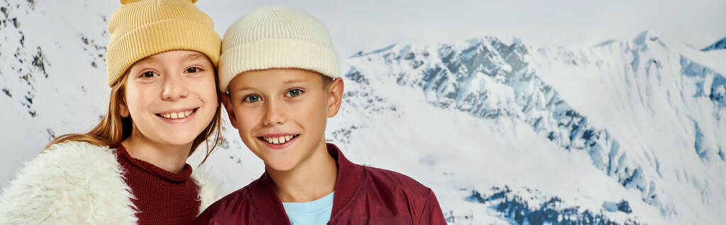 preteen cute children in warm trendy clothes smiling cheerfully at camera, fashion concept, banner - Photo, Image