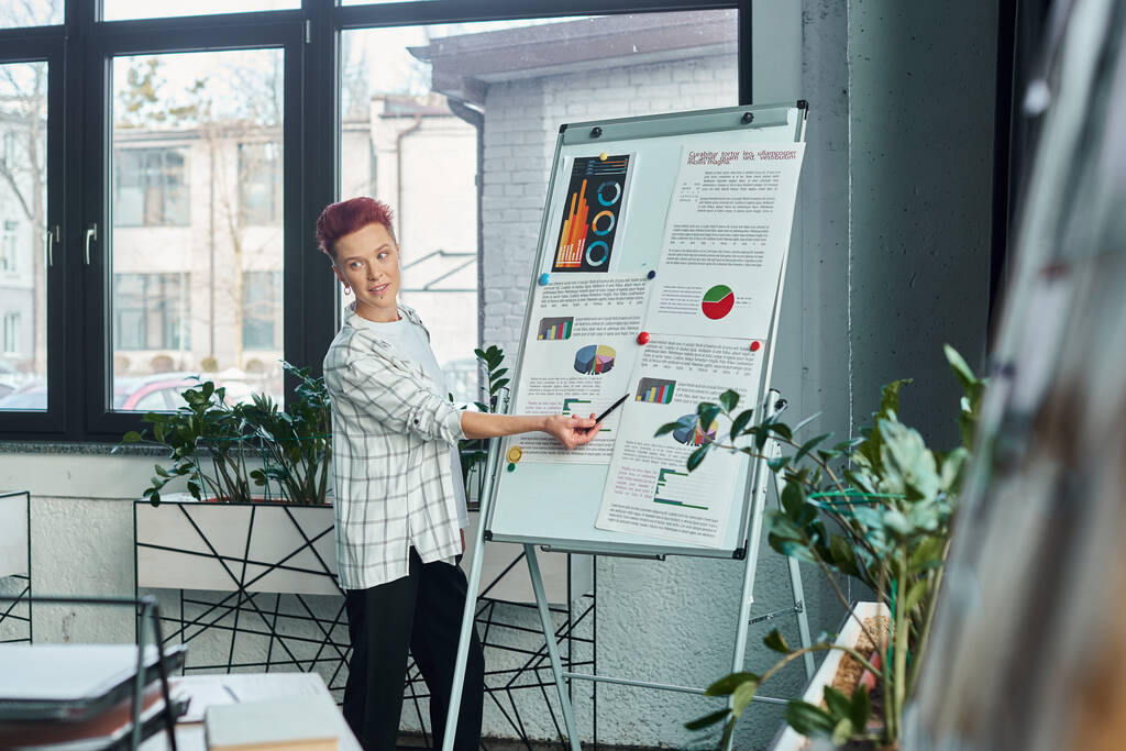 bigender manager ukazuje na flip chart s business analytics během prezentace v moderní kanceláři - Fotografie, Obrázek
