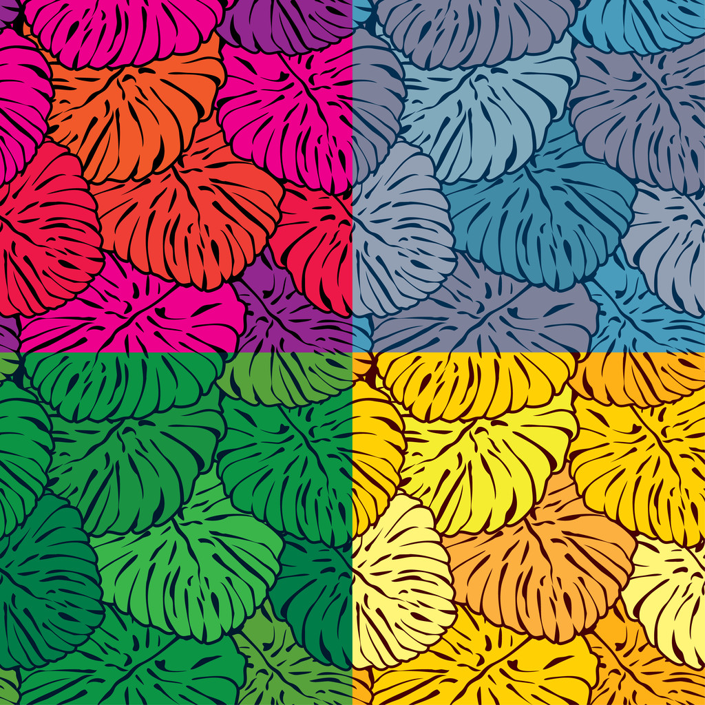 Reihe nahtloser Muster mit Palmenblättern in verschiedenen Farben - Vektor, Bild