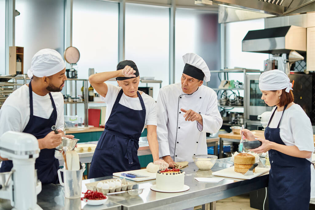 зрелый шеф-повар в белой шляпе объясняет, как испечь для своих мультикультурных трудолюбивых поваров - Фото, изображение