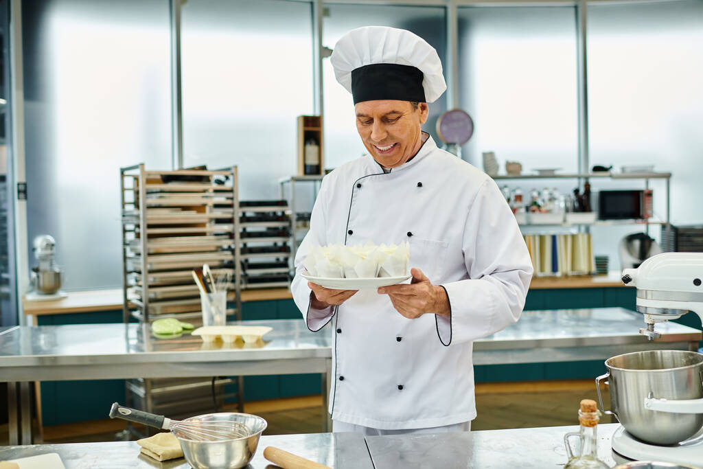 радостный красивый зрелый шеф-повар в белой шляпе с кексами и счастливо улыбаясь, кондитерские изделия - Фото, изображение