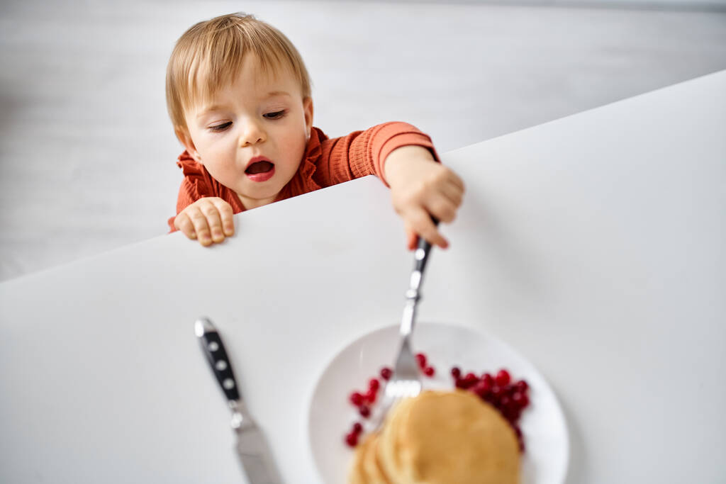 чарівна маленька дівчинка в затишному помаранчевому светрі намагається дістатись сніданку на столі - Фото, зображення