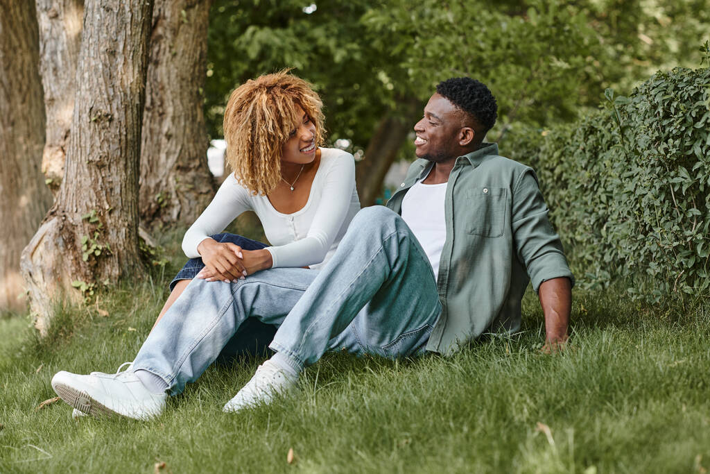 heureux couple afro-américain en tenue décontractée assis ensemble sur l'herbe et la communication à l'extérieur - Photo, image