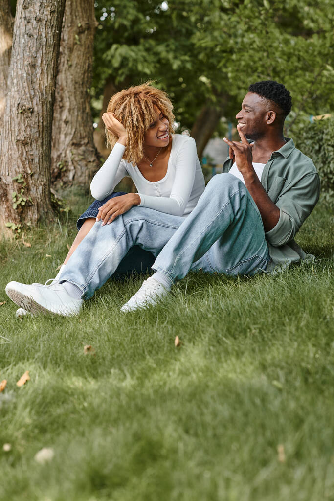 İşaret dili, pozitif Afrikalı Amerikalı çift jestlerle iletişim kuruyor ve çimlerin üzerinde oturuyorlar. - Fotoğraf, Görsel