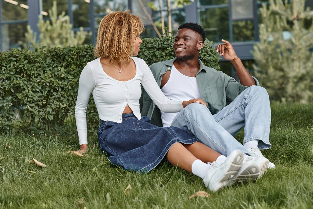 Mutlu Afro-Amerikan çifti çimlerin üzerinde otururken işaret dilini kullanıyor. - Fotoğraf, Görsel