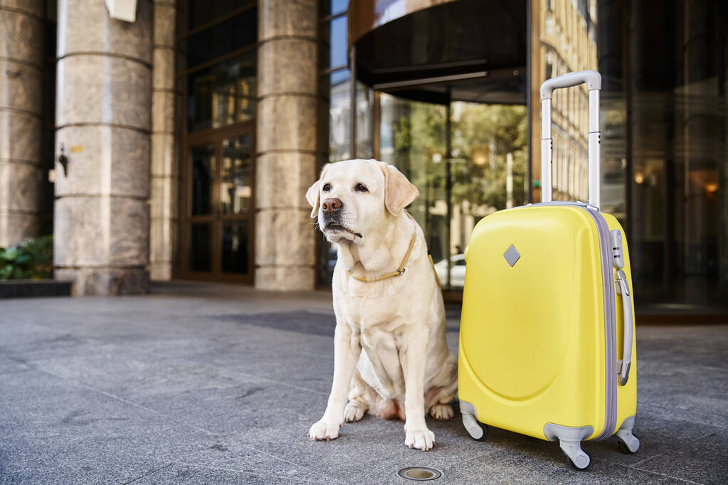 bonito labrador sentado ao lado de mala amarela perto da entrada de pet friendly hotel, conceito de viagem - Foto, Imagem