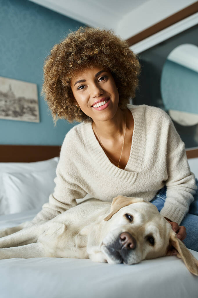 joven y alegre mujer afroamericana abrazando labrador en una cama en una habitación de hotel que acepta mascotas - Foto, Imagen