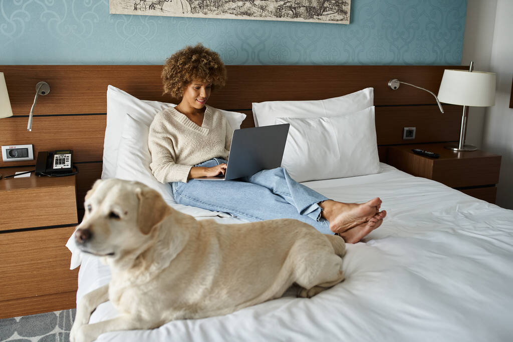 joven afroamericana mujer trabajando en portátil con su labrador en la cama en una habitación de hotel - Foto, Imagen