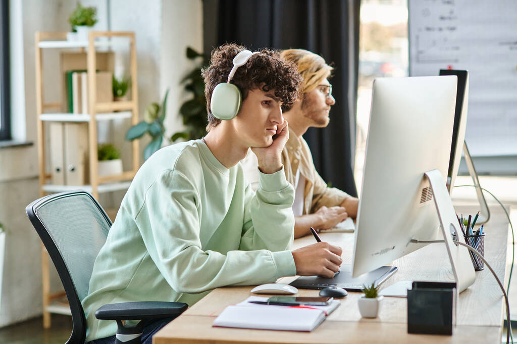 Curly-haired man in headphones concentrating on retouching work near coworker in office space - Photo, Image