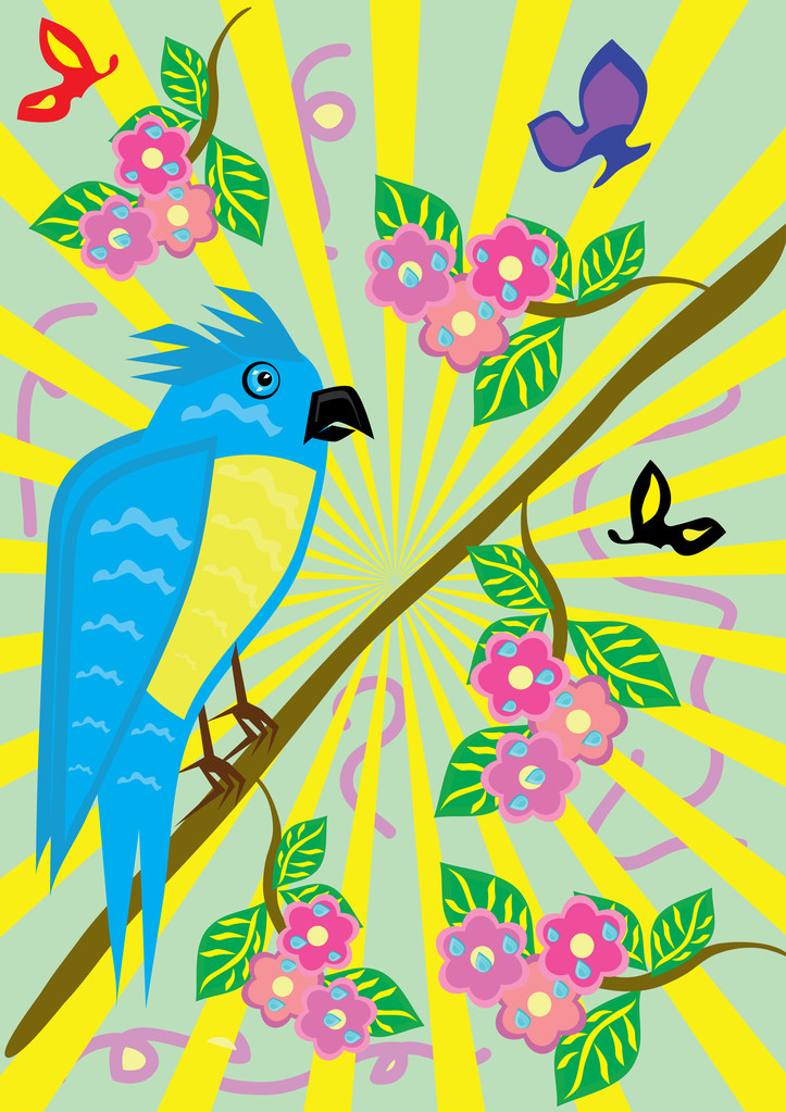 Tropical ridiculous parrot and floral background - Vector, Image
