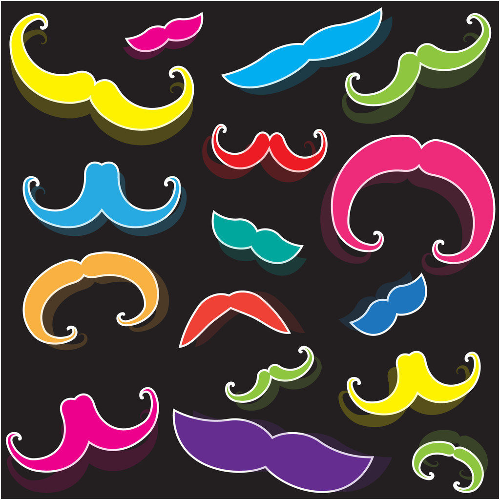 Vector illustration of set of colorful funny moustaches over bla - Vector, Image