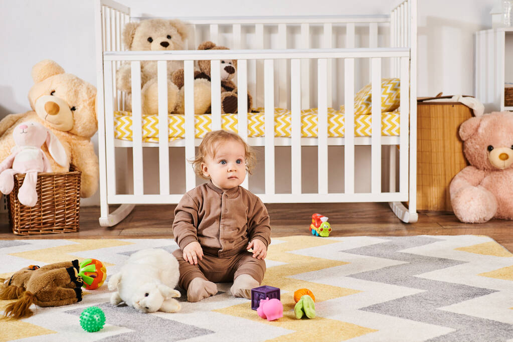 маленький мальчик, сидящий на полу возле мягких игрушек и кроватки в уютной детской комнате, счастливый ребенок - Фото, изображение