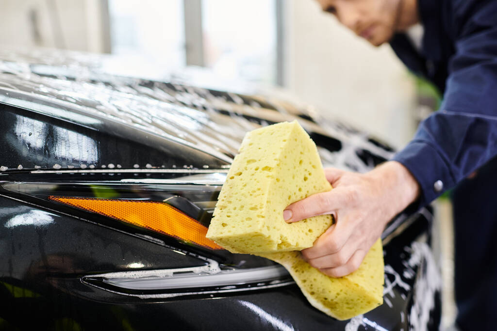 focus on soapy yellow sponge in hands of blurred attractive serviceman washing black modern car - Photo, Image