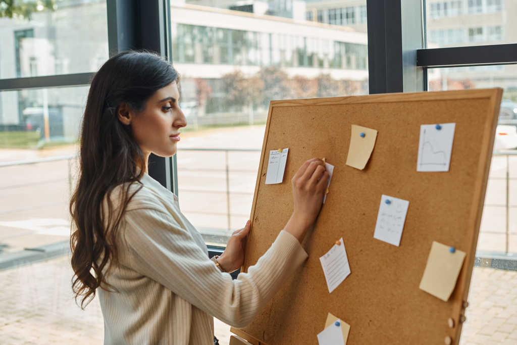Egy dinamikus női vállalkozó magabiztosan áll egy tábla előtt, tele stratégiai tervekkel és ötletekkel egy modern irodahelyiségben.. - Fotó, kép