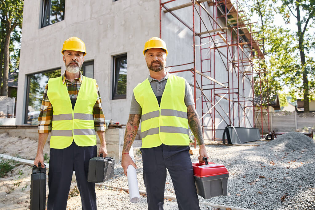 dwóch atrakcyjnych mężczyzn w kaskach ochronnych i kamizelkach pozujących ze skrzynkami z narzędziami i planami, budowniczowie domków - Zdjęcie, obraz