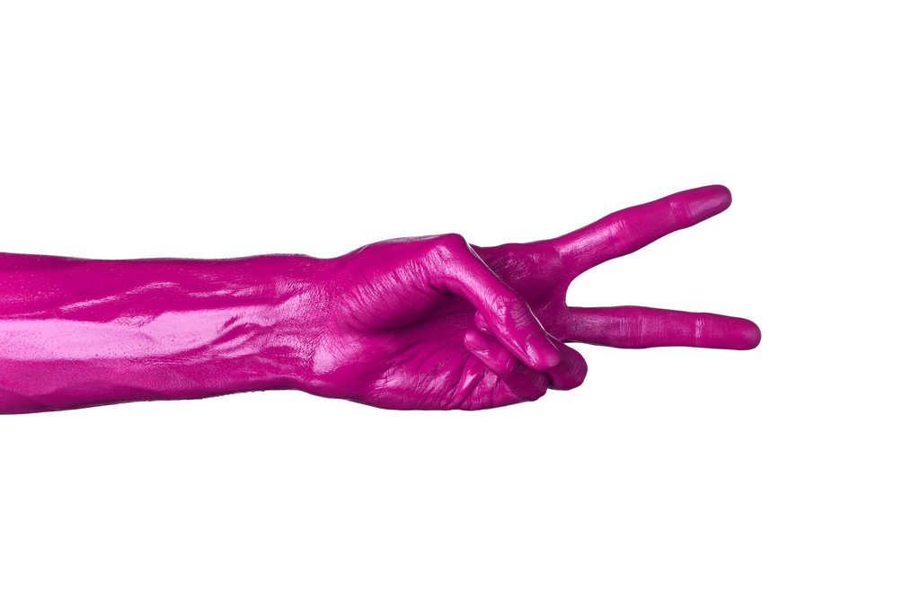 Mão rosa sobre fundo branco, isolado, pintura
 - Foto, Imagem