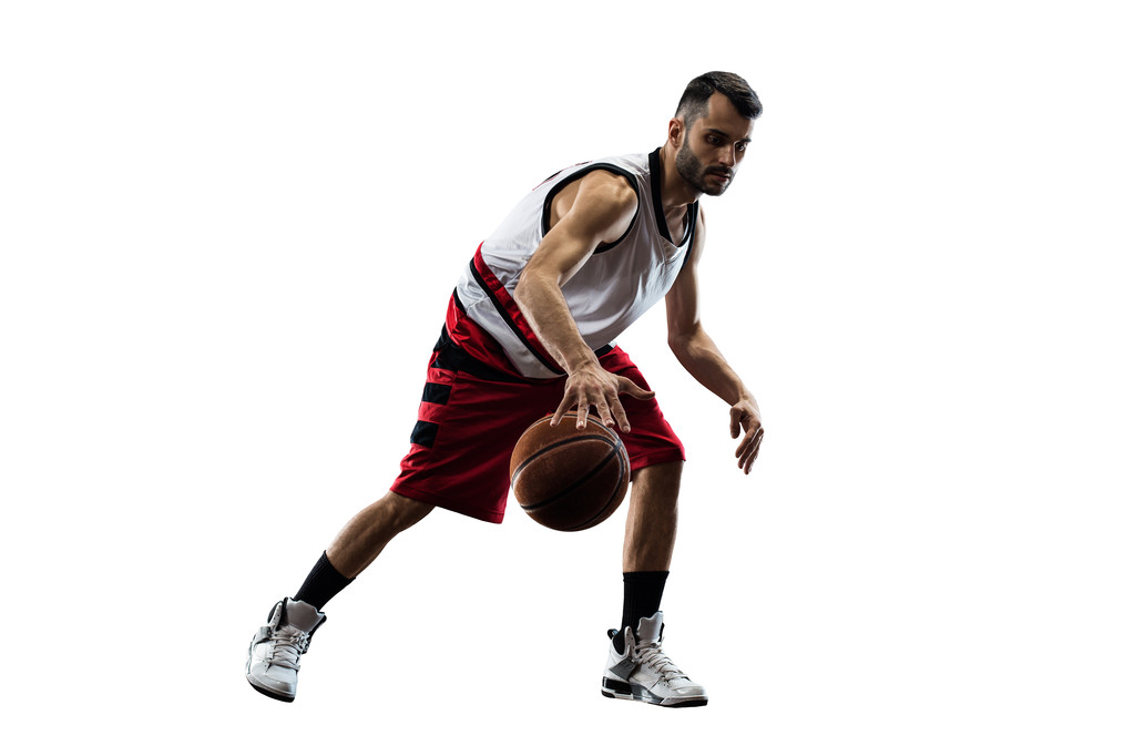 Изолированный баскетболист в действии летит высоко
 - Фото, изображение