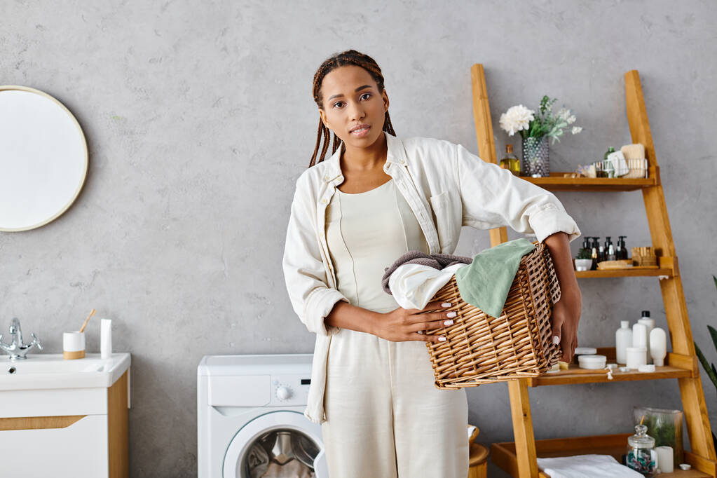 Afroamerykanka z warkoczami Afro prająca ubrania w spokojnej łazience, trzymająca koszyk. - Zdjęcie, obraz