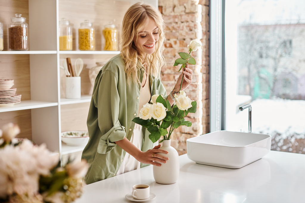 Женщина на кухне устраивает красочные цветы в вазе дома. - Фото, изображение