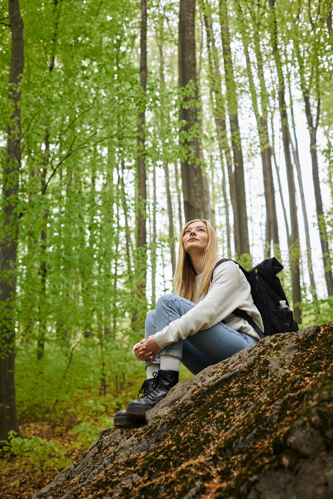 Foto de una excursionista abrazándose las piernas usando suéter, jeans y botas de senderismo sentada en el bosque - Foto, imagen