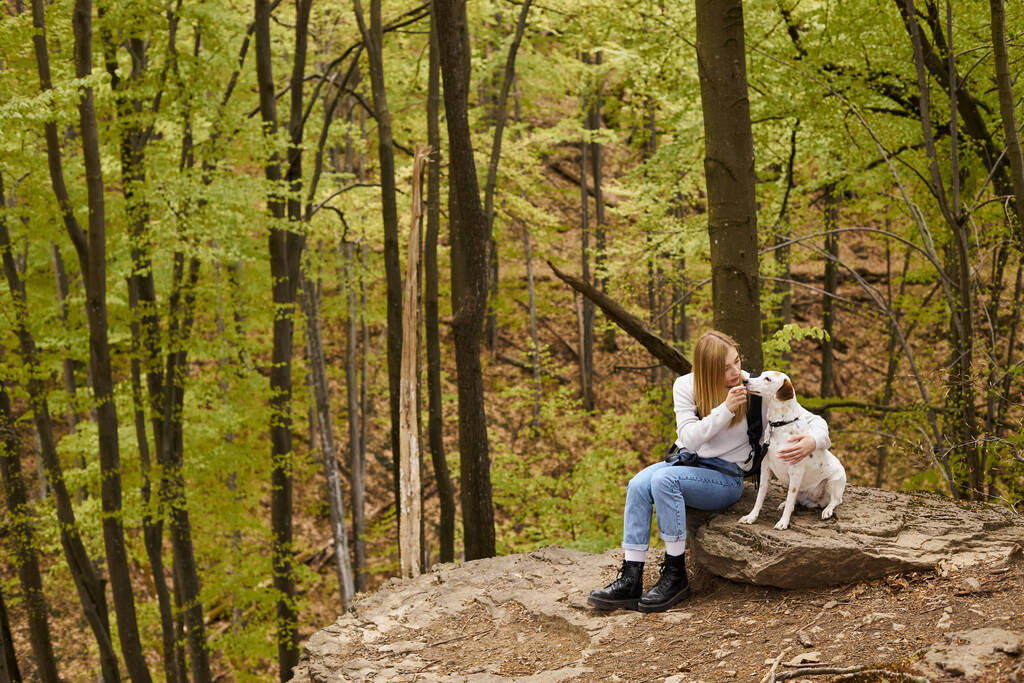 Τρυφερή ξανθιά γυναίκα και ο σκύλος της αγκαλιάζονται στο δάσος, δένονται ενώ κάθονται σε στάση ανάπαυσης - Φωτογραφία, εικόνα