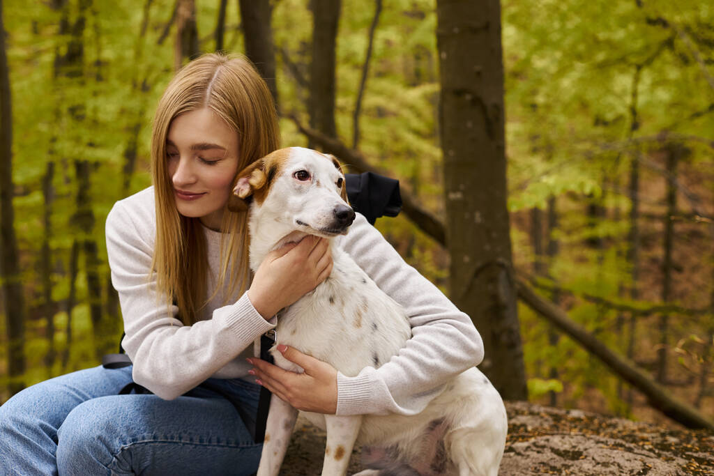 Απαλή δασική σκηνή με μια ξανθιά εξερευνήτρια να αγκαλιάζει το σκύλο της, φροντίζοντας για την άνεση του κατοικίδιου της. - Φωτογραφία, εικόνα