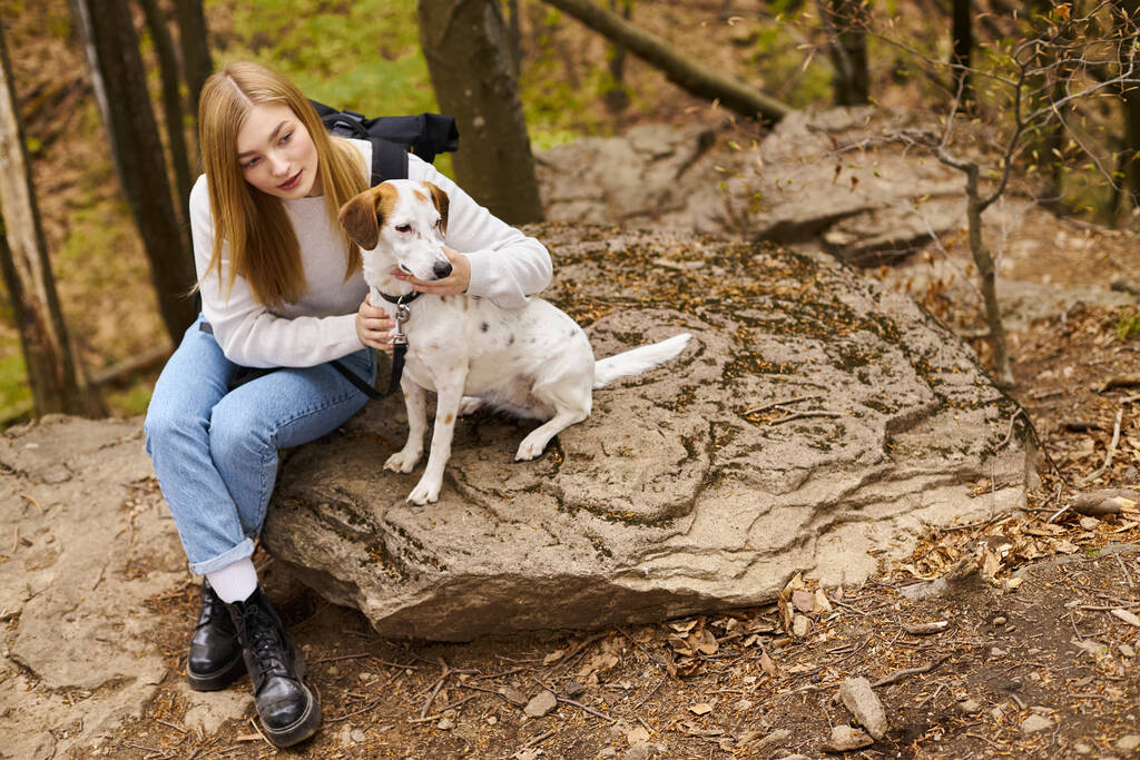 Ciekawa blondynka pieszcząca swojego ciekawskiego psa siedząc na skale w lesie, obie odwracając wzrok - Zdjęcie, obraz