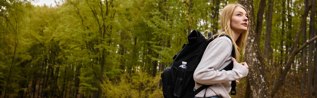 Side view of woman tourist with backpack at footpath in woodland hiking at autumn forest, banner - Photo, Image