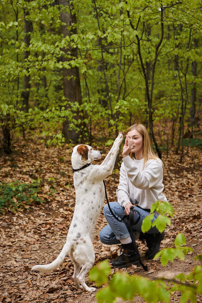 Mujer senderista sonriente con su perro de entrenamiento para mascotas mientras camina descanso con vista al bosque - Foto, imagen