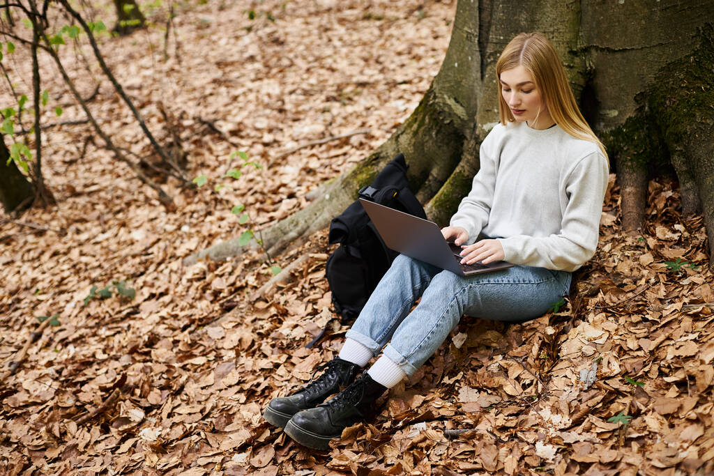 Young calm woman hiker with laptop on her knees working remote while sitting in forest on trip - Photo, Image