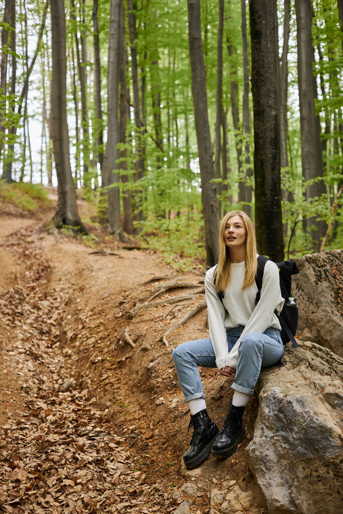 Sorridente escursionista bionda che indossa lo zaino e riposa sulle rocce mentre si siede in boschi profondi - Foto, immagini