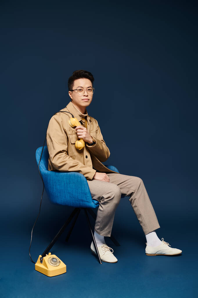 Ein modischer junger Mann in eleganter Kleidung sitzt auf einem blauen Stuhl neben einem gelben Telefon in einer skurrilen Pose. - Foto, Bild