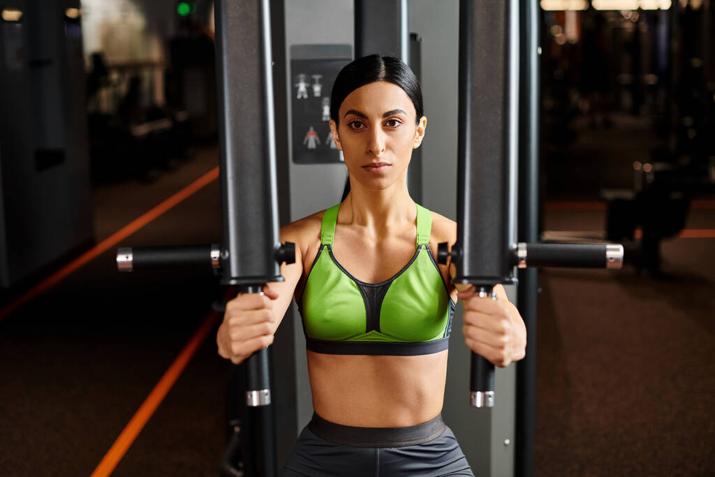 athletic good looking woman in sportwear exercising on chest press machine and looking at camera - Photo, Image