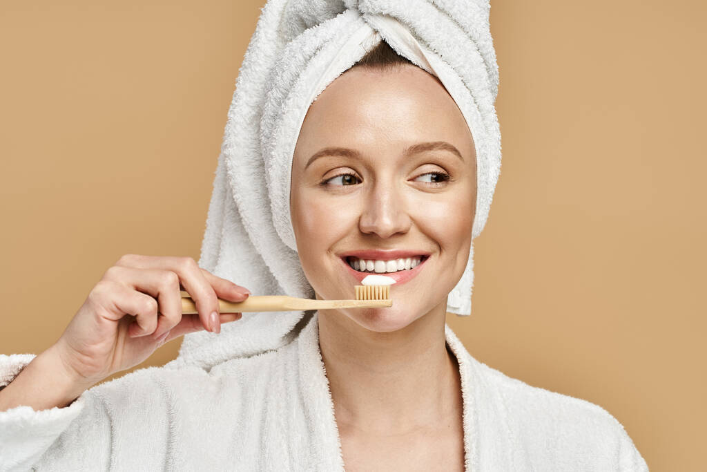 Μια όμορφη γυναίκα με μια πετσέτα τυλιγμένη γύρω από το κεφάλι της βουρτσίζοντας τα δόντια της σε μια ζωντανή και φυσική στάση. - Φωτογραφία, εικόνα