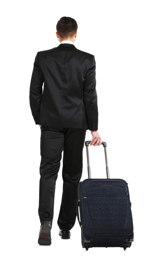 Homme élégant en costume avec valise isolée sur blanc
 - Photo, image